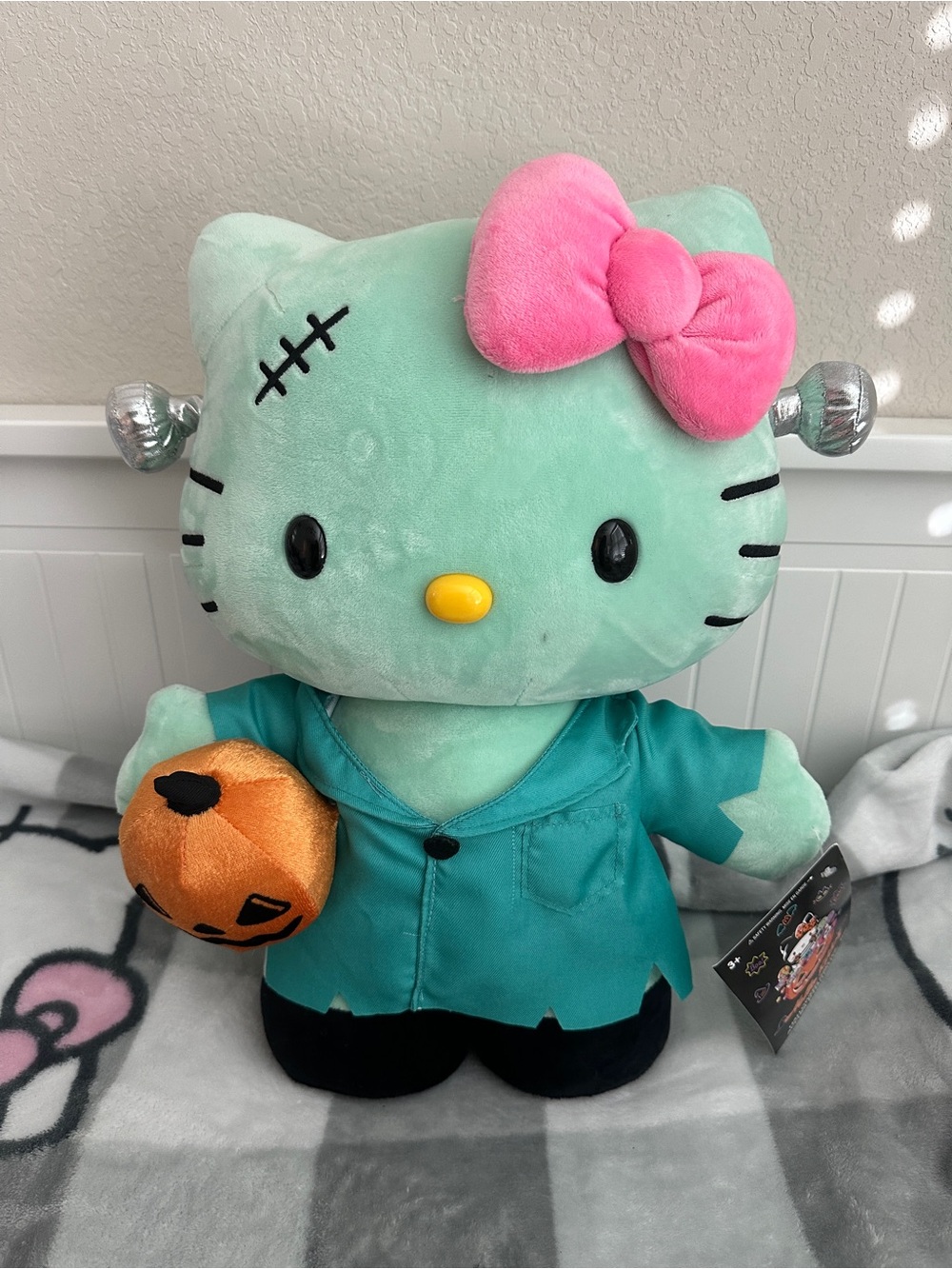 Hello Kitty Plush in Mint Green Frankenstein Outfit with Pink Bow